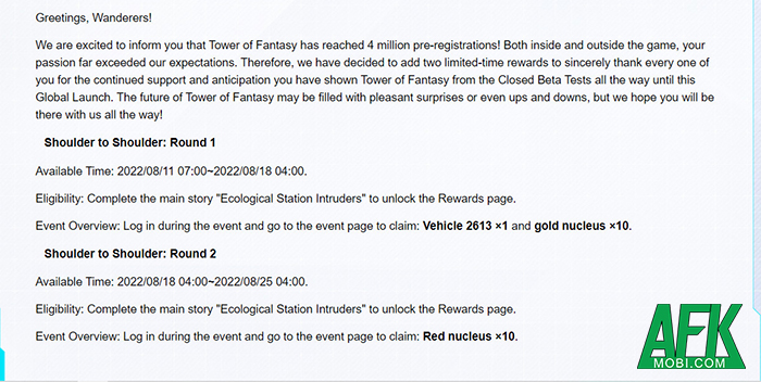 Tower of Fantasy phát thêm quà cho game thủ để mừng số lượng đăng ký vượt mốc 4 triệu người 3