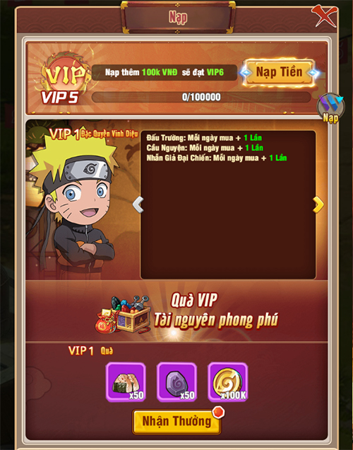 Giới thiệu cấp VIP và quyền lợi bậc VIP trong game Ninja Làng Lá: Truyền Kỳ 4