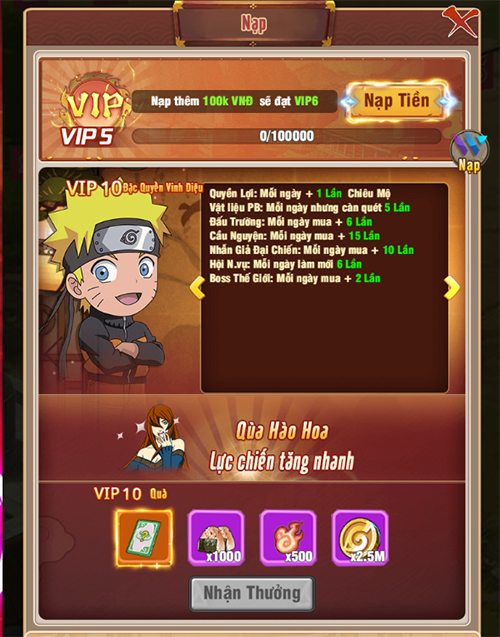 Giới thiệu cấp VIP và quyền lợi bậc VIP trong game Ninja Làng Lá: Truyền Kỳ 9