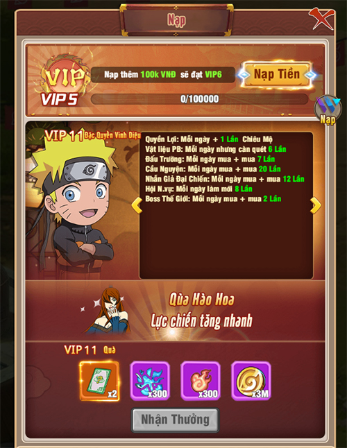 Giới thiệu cấp VIP và quyền lợi bậc VIP trong game Ninja Làng Lá: Truyền Kỳ 10