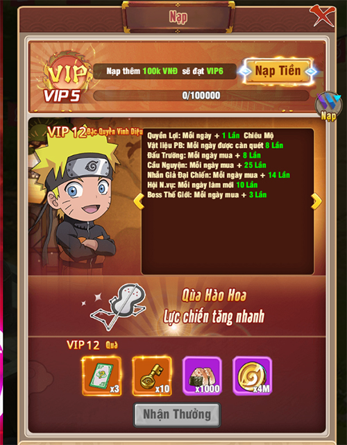 Giới thiệu cấp VIP và quyền lợi bậc VIP trong game Ninja Làng Lá: Truyền Kỳ 11