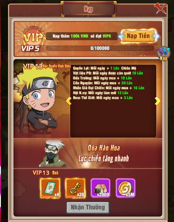 Giới thiệu cấp VIP và quyền lợi bậc VIP trong game Ninja Làng Lá: Truyền Kỳ 12