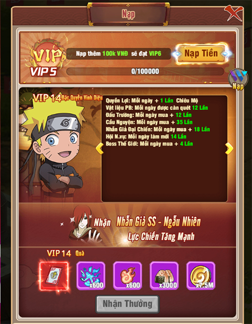 Giới thiệu cấp VIP và quyền lợi bậc VIP trong game Ninja Làng Lá: Truyền Kỳ 13