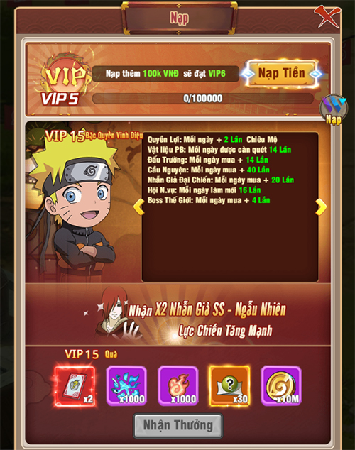 Giới thiệu cấp VIP và quyền lợi bậc VIP trong game Ninja Làng Lá: Truyền Kỳ 14