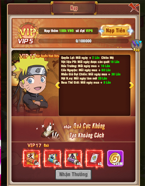 Giới thiệu cấp VIP và quyền lợi bậc VIP trong game Ninja Làng Lá: Truyền Kỳ 16