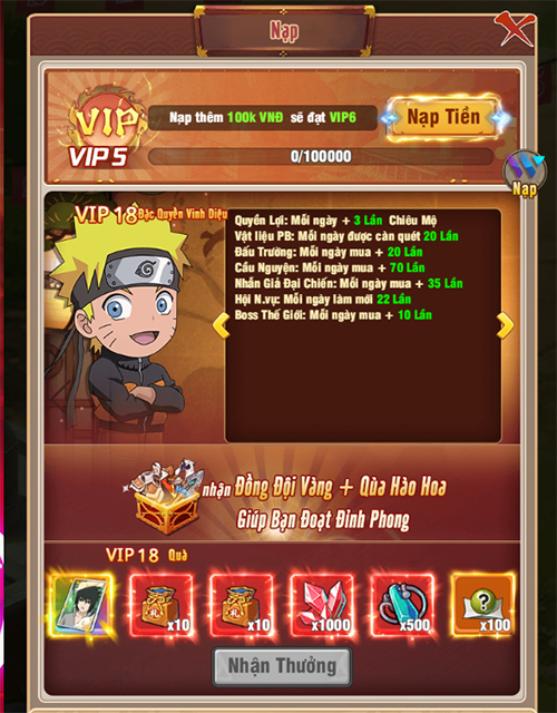 Giới thiệu cấp VIP và quyền lợi bậc VIP trong game Ninja Làng Lá: Truyền Kỳ 17