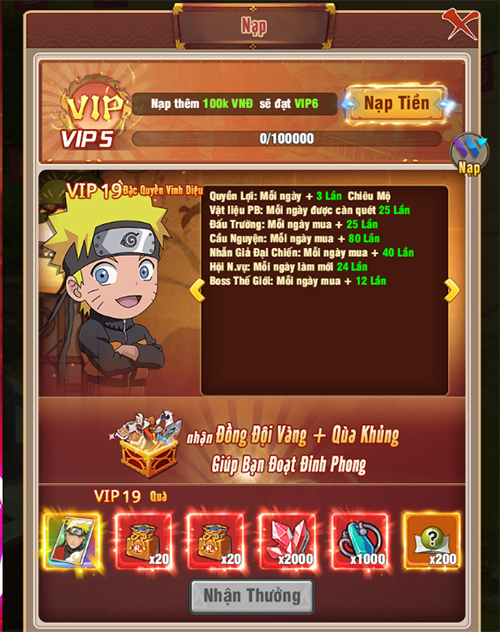 Giới thiệu cấp VIP và quyền lợi bậc VIP trong game Ninja Làng Lá: Truyền Kỳ 18