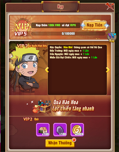 Giới thiệu cấp VIP và quyền lợi bậc VIP trong game Ninja Làng Lá: Truyền Kỳ 3