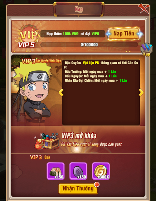 Giới thiệu cấp VIP và quyền lợi bậc VIP trong game Ninja Làng Lá: Truyền Kỳ 2