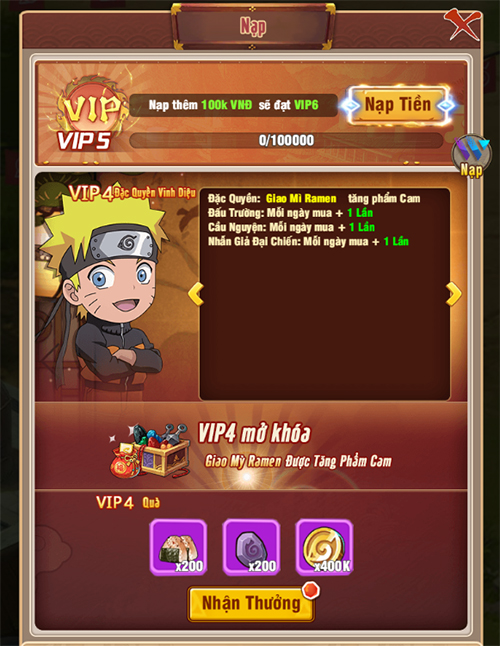 Giới thiệu cấp VIP và quyền lợi bậc VIP trong game Ninja Làng Lá: Truyền Kỳ 1