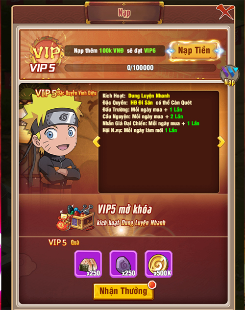 Giới thiệu cấp VIP và quyền lợi bậc VIP trong game Ninja Làng Lá: Truyền Kỳ 0