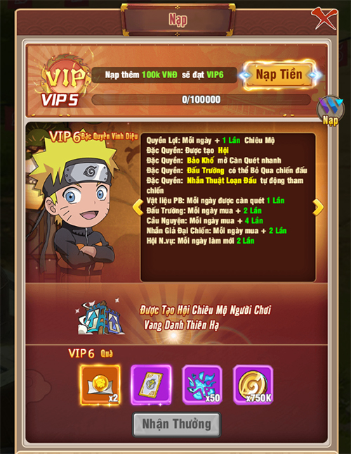 Giới thiệu cấp VIP và quyền lợi bậc VIP trong game Ninja Làng Lá: Truyền Kỳ 5