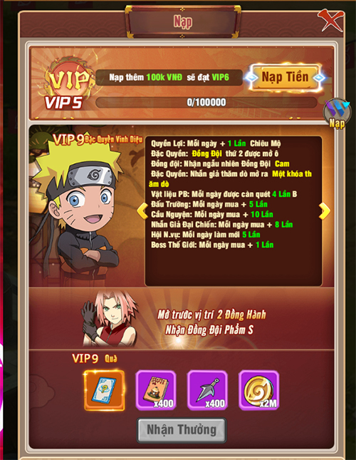 Giới thiệu cấp VIP và quyền lợi bậc VIP trong game Ninja Làng Lá: Truyền Kỳ 8