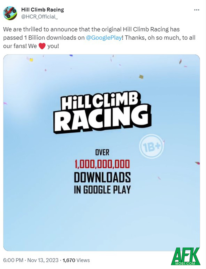 Tựa game đua xe vượt địa hìnhHill Climb Racing đã đạt được 1 tỷ lượt tải Afkmobi-hill-01