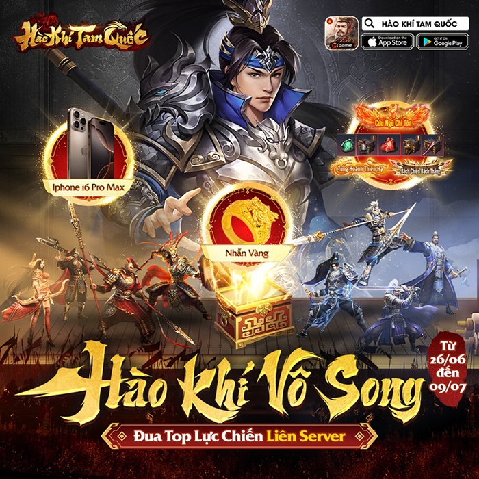 Game mobile Hào Khí Tam Quốc tặng iPhone 16 Pro Max cho game thủ đứng Top BXH Vinh Danh 1