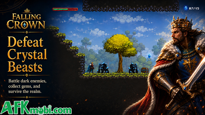 Falling Crown game hành động pixel 2D cuộn cảnh đưa người chơi vào vai một vị vua 3