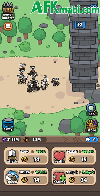 Gầy dựng đội quân phá hủy các tầng của một tòa tháp khổng lồ trong game Idle Castle Breaker 3