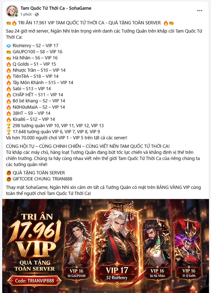 Vừa ra mắt, Tam Quốc Tứ Thời Ca đã lên dẫn đầu xu hướng tìm kiếm toàn quốc, quy tụ gần 300 VIP 10 đến VIP 17 2
